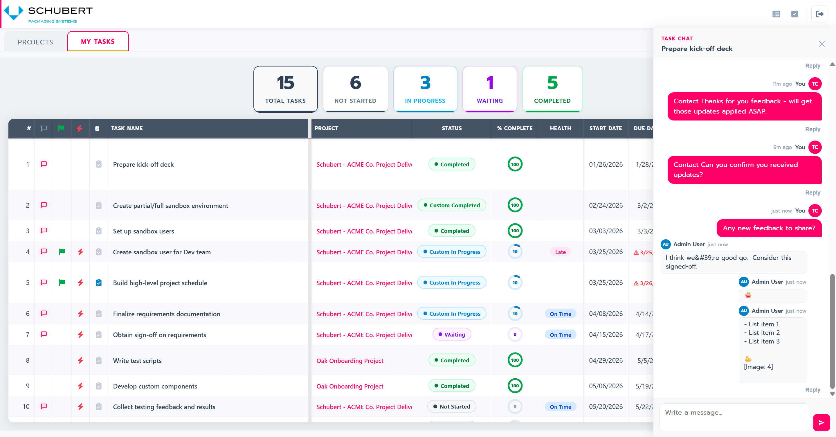 Inspire Planner External Portal showing My Tasks view with task-level chat for customer collaboration without Salesforce license